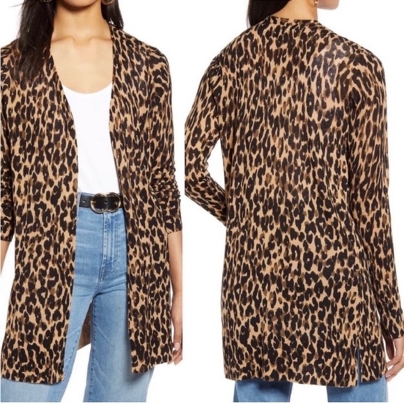 HALOGEN Leopard Print Linen Blend Long Line Cardigan SZ XS Long Sleeve NWT $69 - Picture 3 of 10